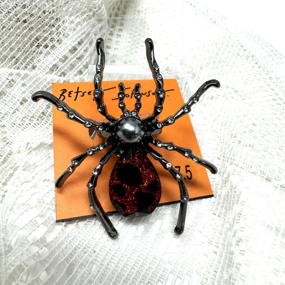 Betsey Johnson Black & Red Spider Ring Rhinestones 7.5